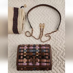 Tory Burch Britten Woven Chain Wallet Bag Purse Multi Color Gold Hardware